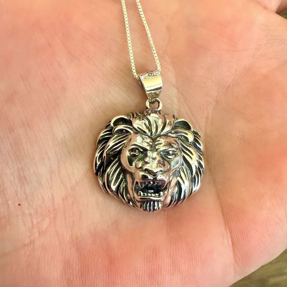 Bold 925 Sterling Silver Lion Head Charm Pendant Chain Necklace Unisex New